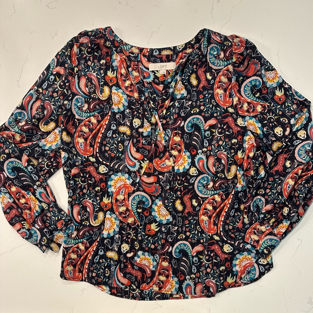 LOFT Paisley Print Blouse - Red, Blue, Black